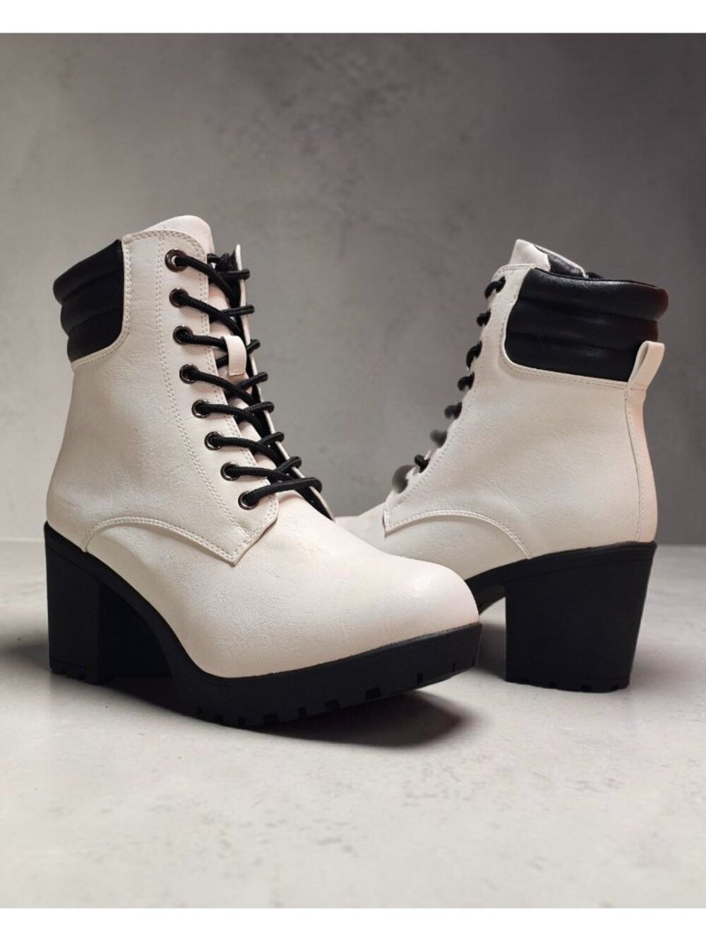 White Chunky Heel Lace-Up Ankle Boots With Black Accents Womens Stylish Faux Lea